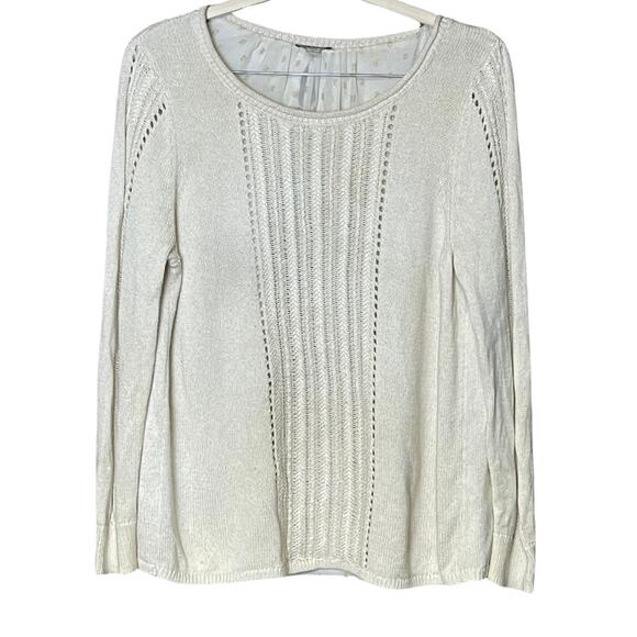 Lucky Brand sweater white lined back detail gold cozy comfy size large - Picture 1 of 6